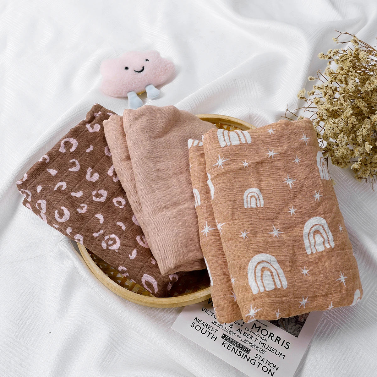 3PCS Bamboo Cotton Muslin Swaddle Blankets,Soft Baby Sleeping Baby Quilt,