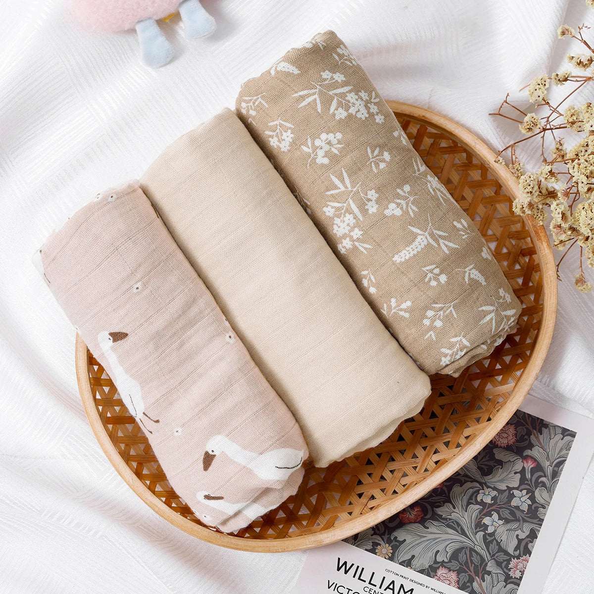 3PCS Bamboo Cotton Muslin Swaddle Blankets,Soft Baby Sleeping Baby Quilt,