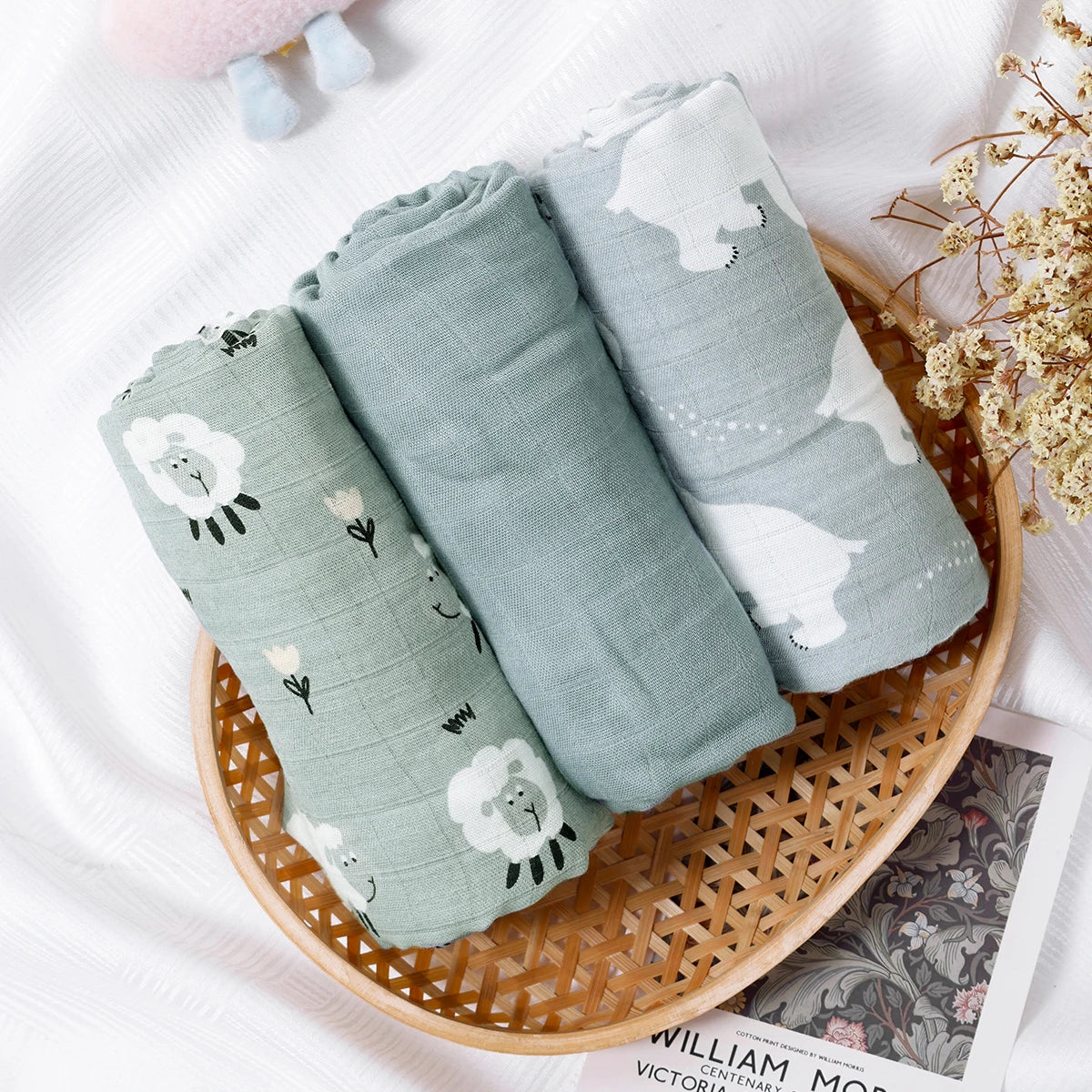 3PCS Bamboo Cotton Muslin Swaddle Blankets,Soft Baby Sleeping Baby Quilt,