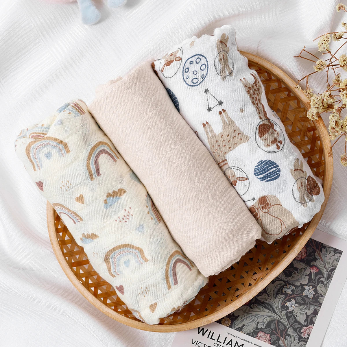 3PCS Bamboo Cotton Muslin Swaddle Blankets,Soft Baby Sleeping Baby Quilt,