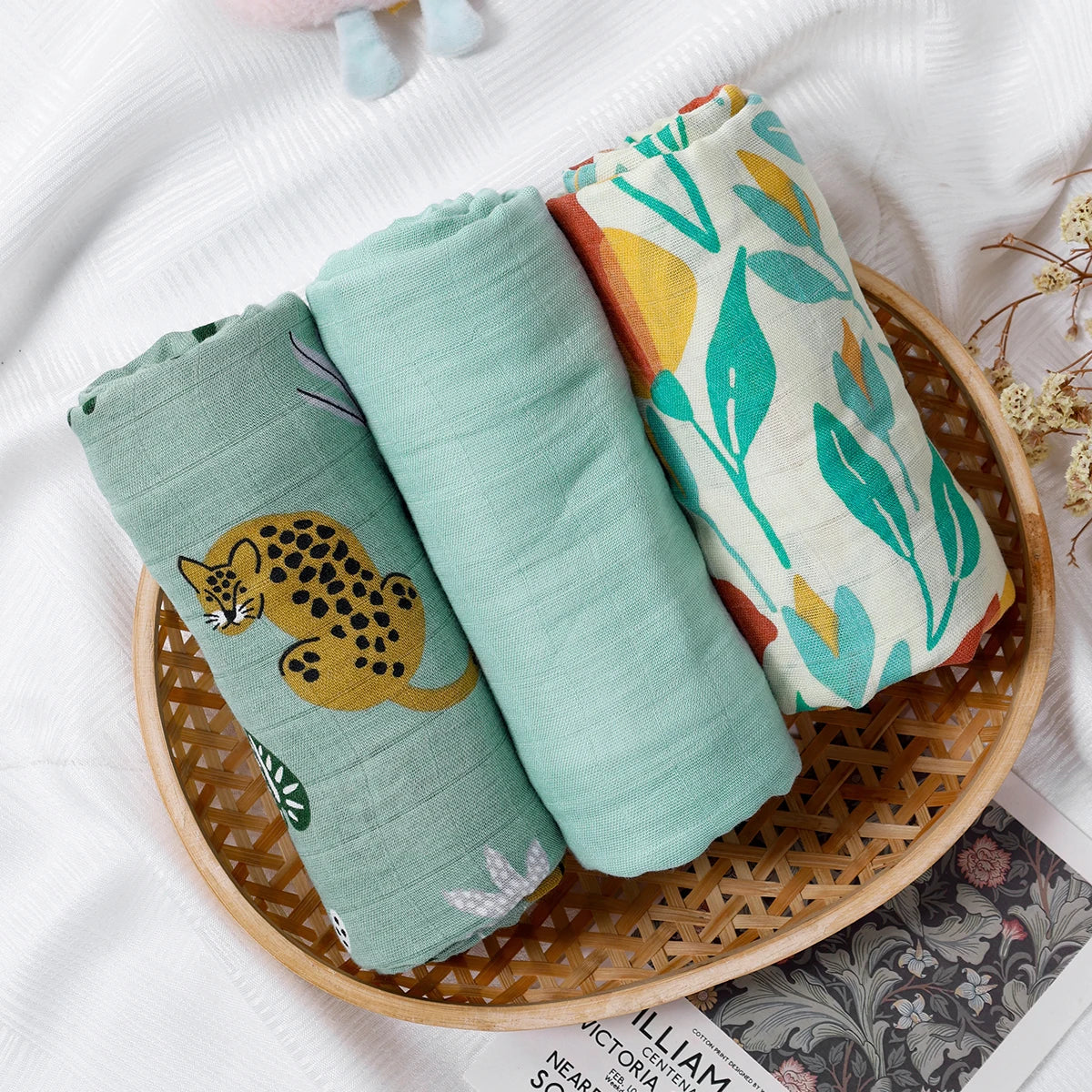 3PCS Bamboo Cotton Muslin Swaddle Blankets,Soft Baby Sleeping Baby Quilt,