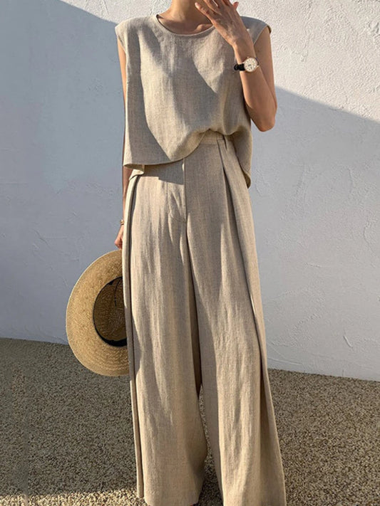 2024 Summer Fashion New Women's Elegant Solid Color Cotton and Hemp Set Round Neck Sleeveless Top and Suit Pants Two Piece Set
